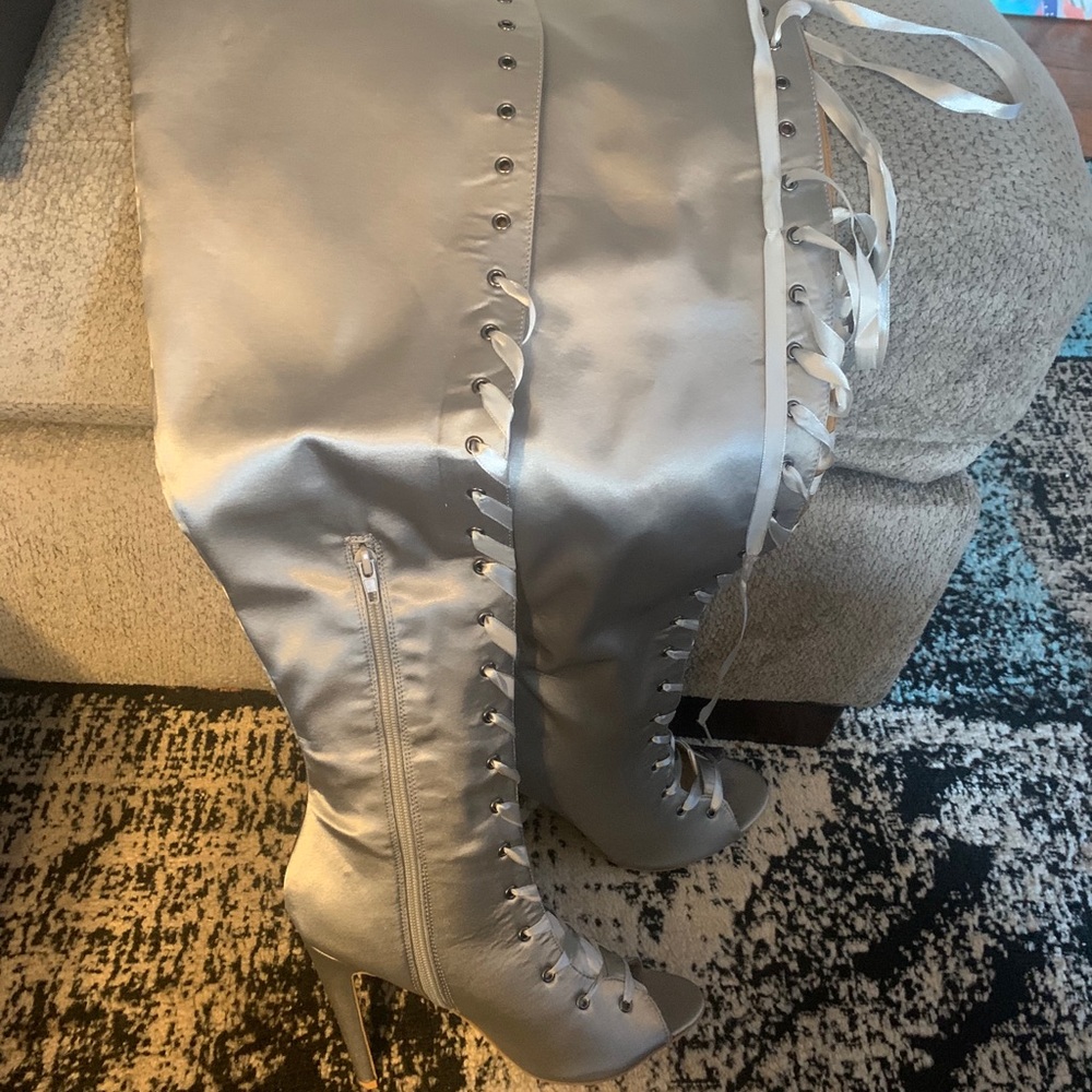 Satin thigh high boots size 8